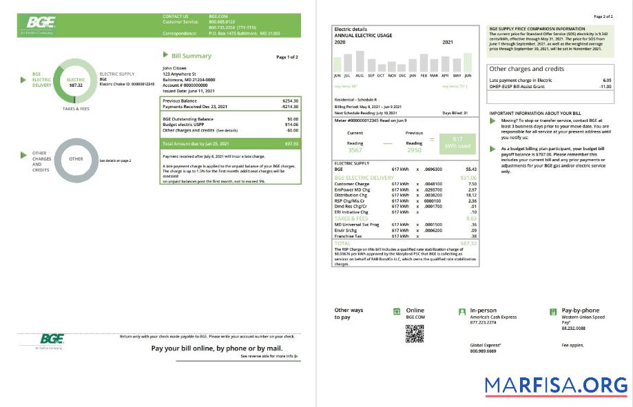 Blank USA Maryland Baltimore Gas and Electric (BGE) utility bill template in Word and PDF format (2 pages)